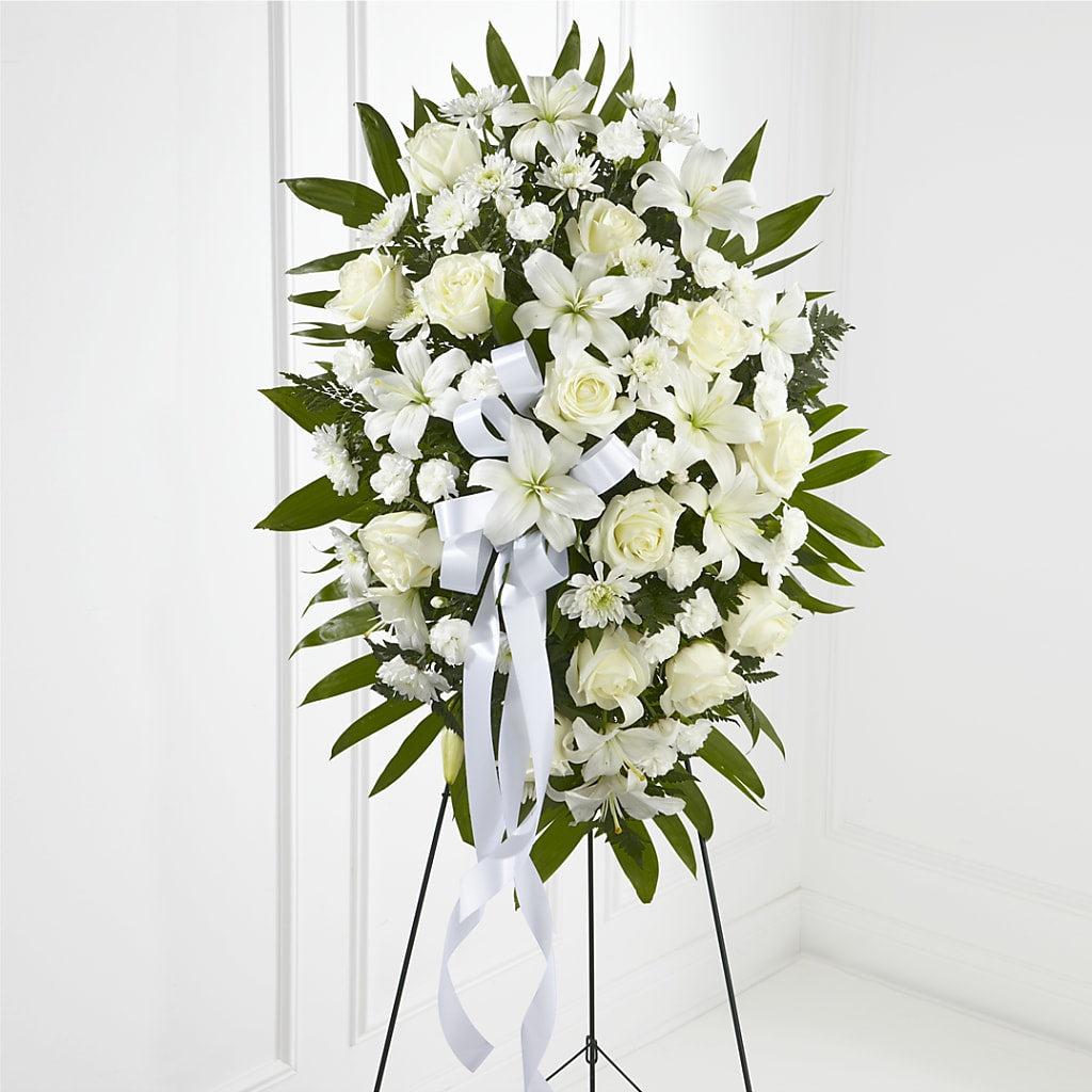 Exquisite Tribute Standing Spray-White Ribbon – KRISTINA'S BASKETS AND BOUQUETS, Smithfield NC